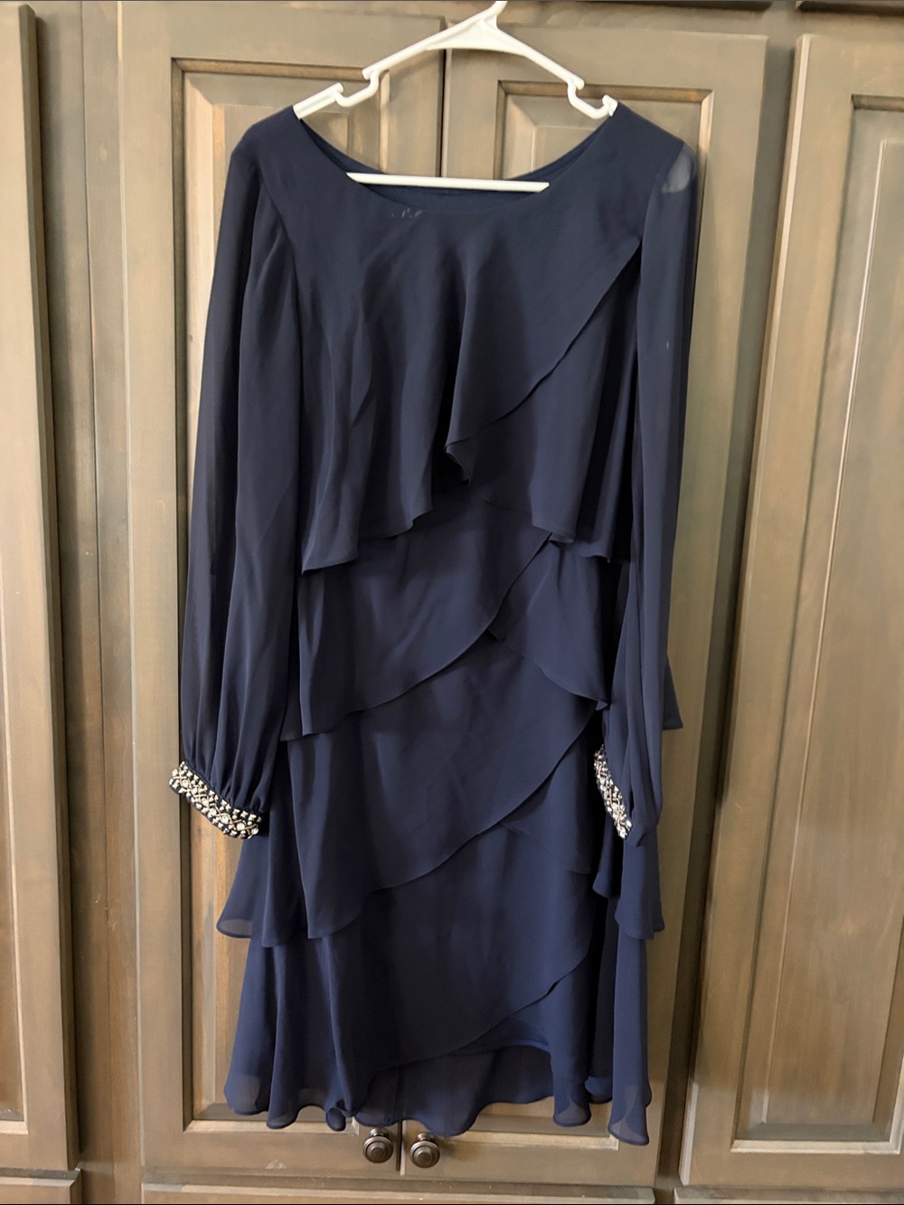 Navy Long-Sleeve Layered Chiffon Dress with Embellished Cuffs